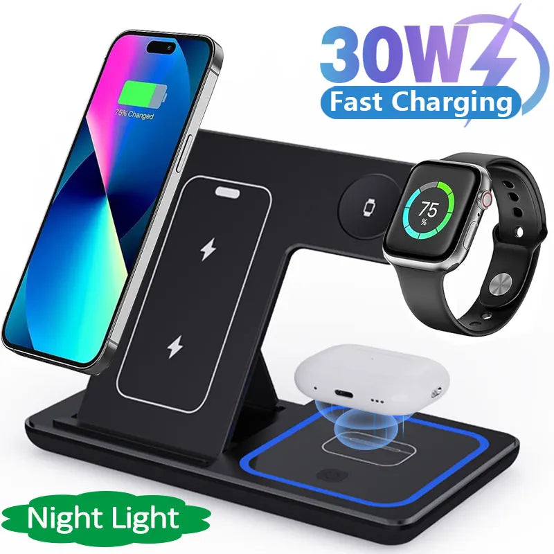 Carregador Estação 3 em 1 Super Rápido 30W LED sem fio